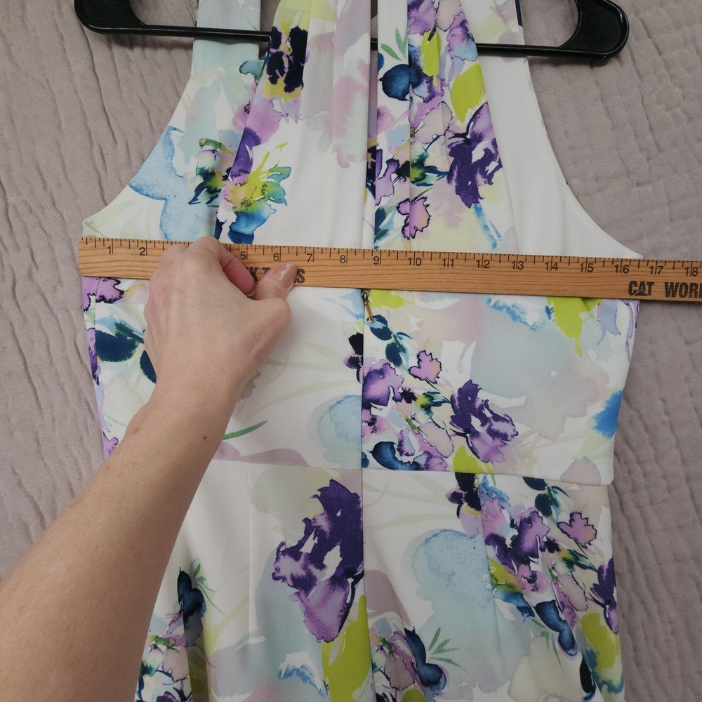 Donna Karan Dress 6 Midi Fit Flare Floral White Purple Watercolor Swing Spring - Picture 6 of 13